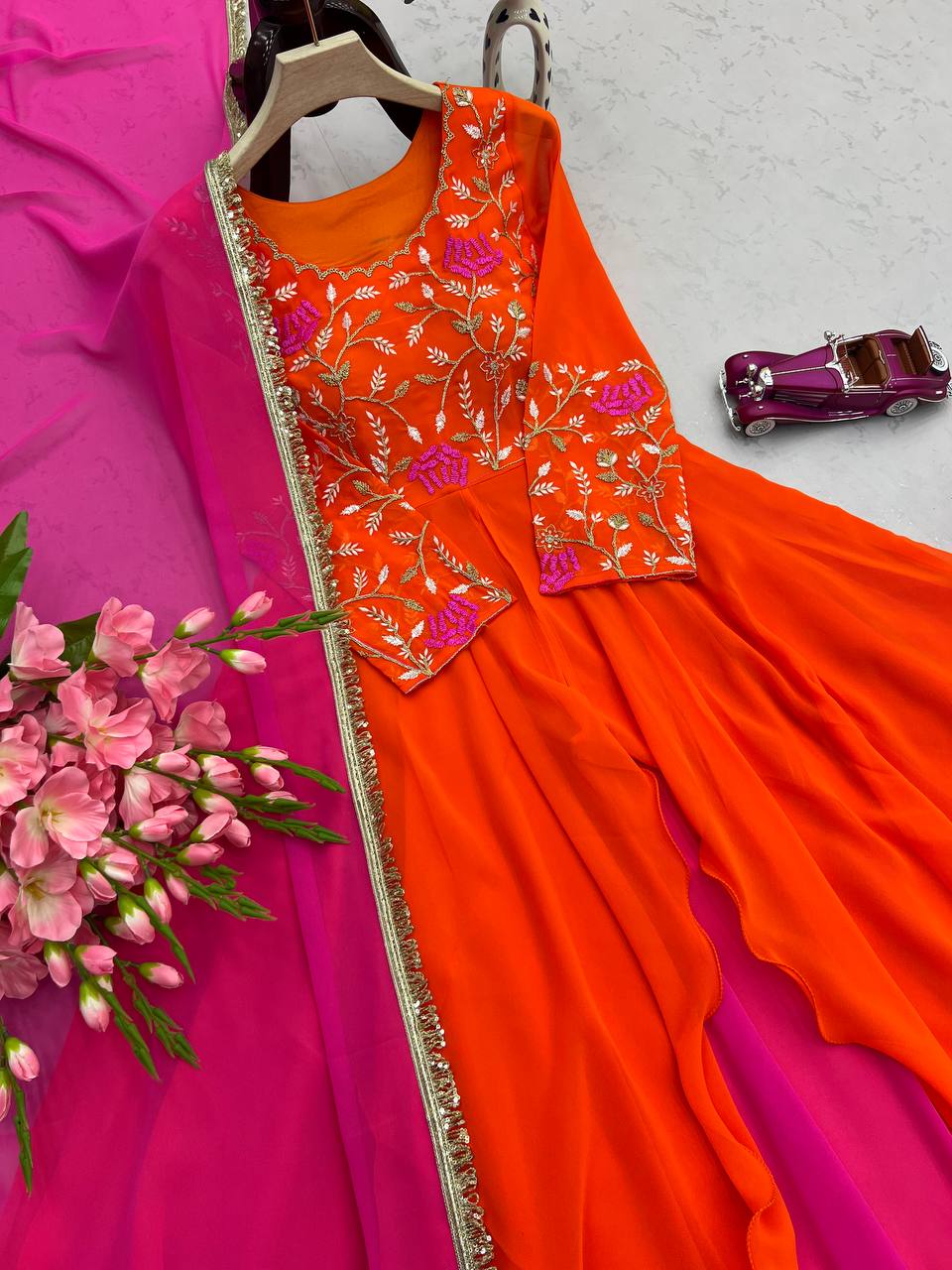 Blissful Pink With Orange Color Double Layer Anarkali Gown