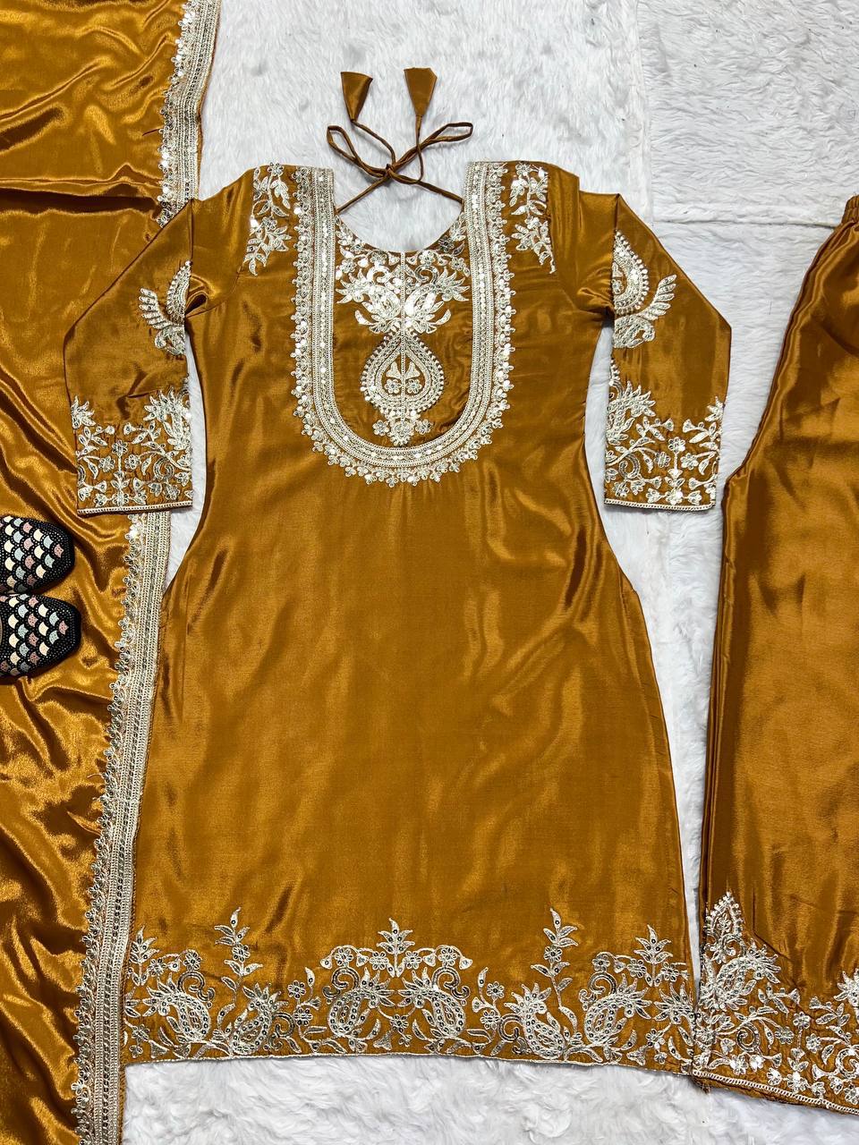 Adorable Embroidery Work Mustard Color Salwar Suit
