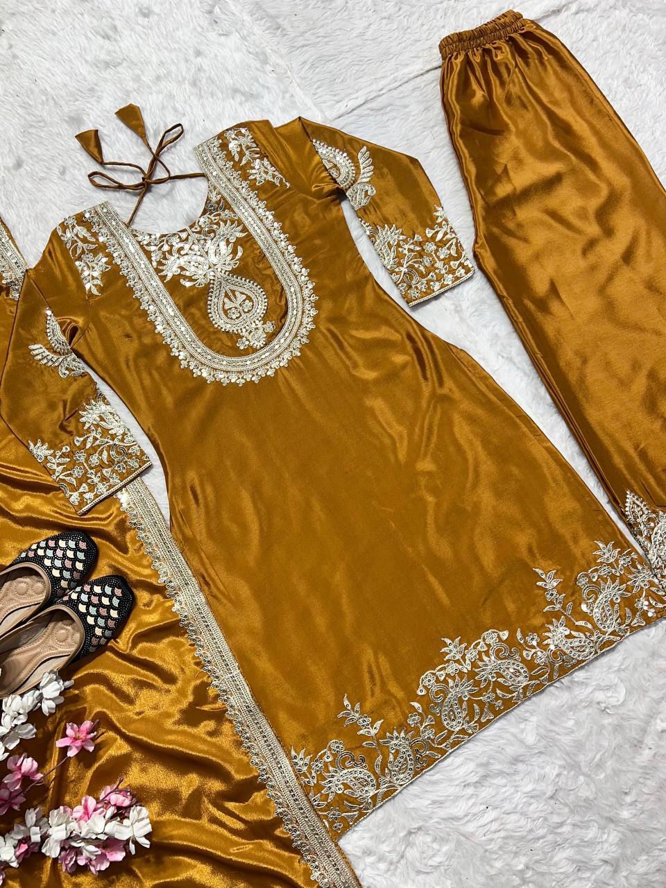 Adorable Embroidery Work Mustard Color Salwar Suit