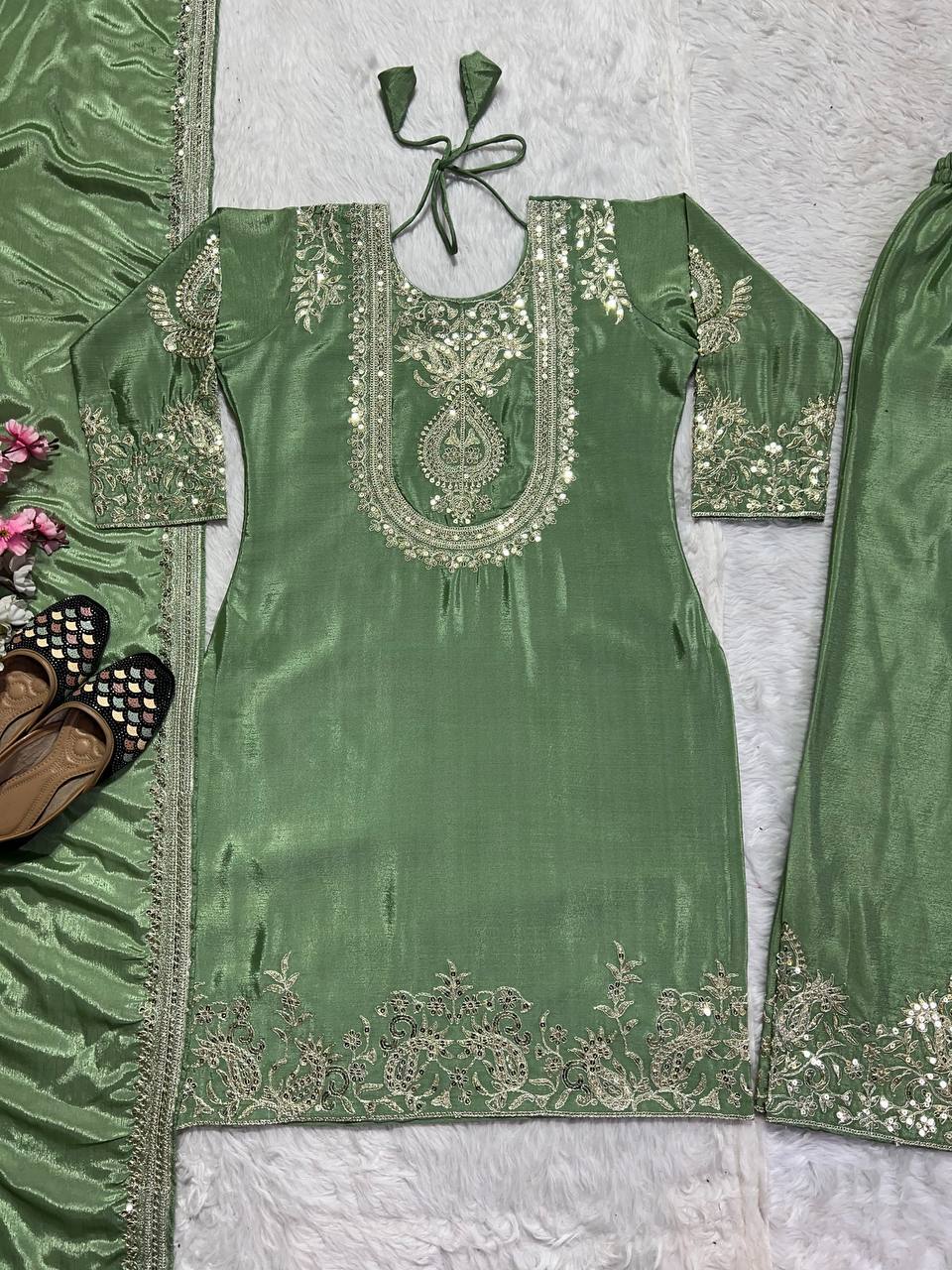 Adorable Embroidery Work Pista Color Salwar Suit