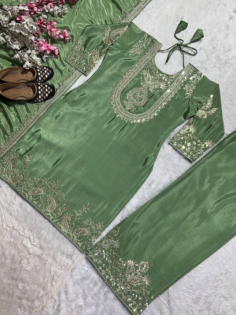 Adorable Embroidery Work Pista Color Salwar Suit