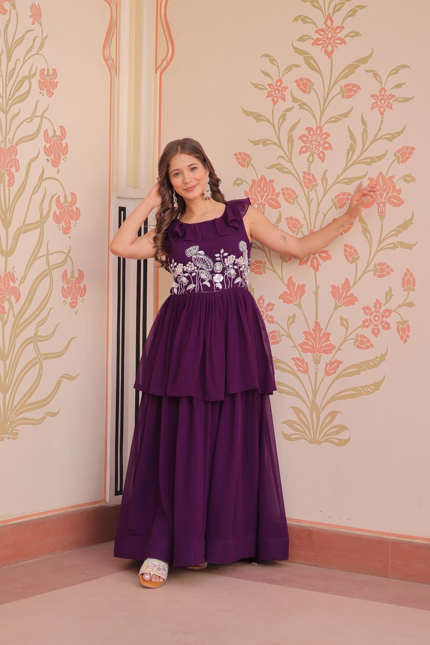 Attractive Embroidered Work Purple Color Gown