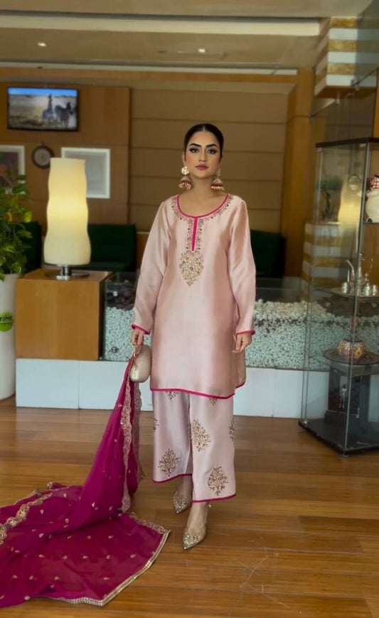 Designer Embroidery Work Peach Color Palazzo Suit