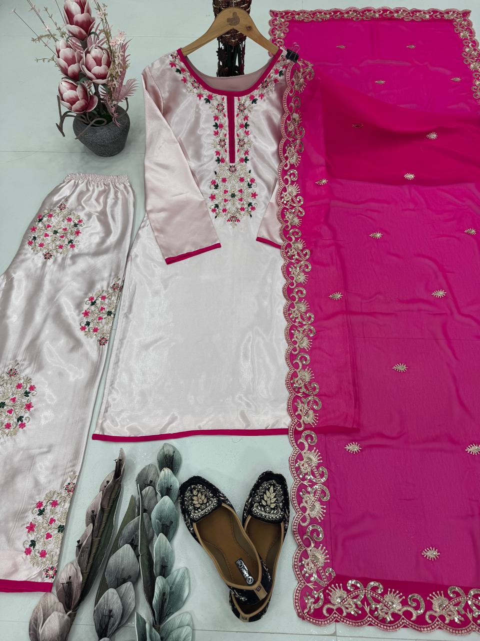 Designer Embroidery Work Peach Color Palazzo Suit