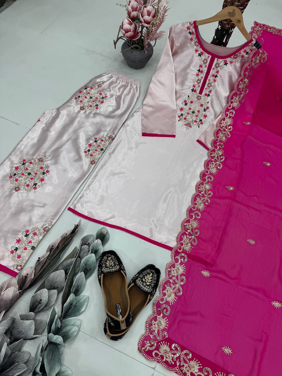 Designer Embroidery Work Peach Color Palazzo Suit