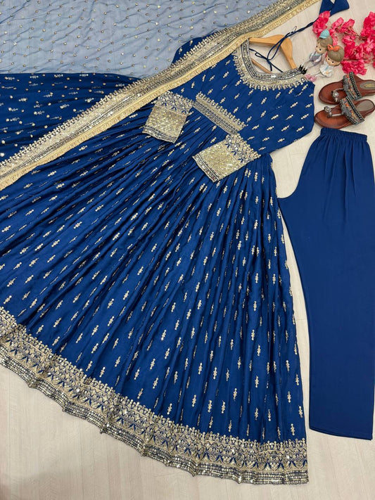 Wonderful Heavy Work Navy Blue Color Gown