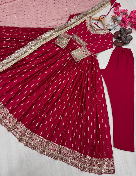 Wonderful Heavy Work Red Color Gown