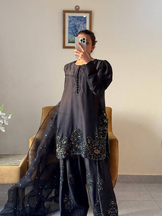 Charming Embroidery Work Black Color Palazzo Suit