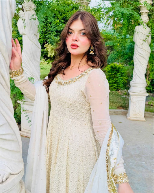Wonderful Mirror and Embroidery Work White Color Gown
