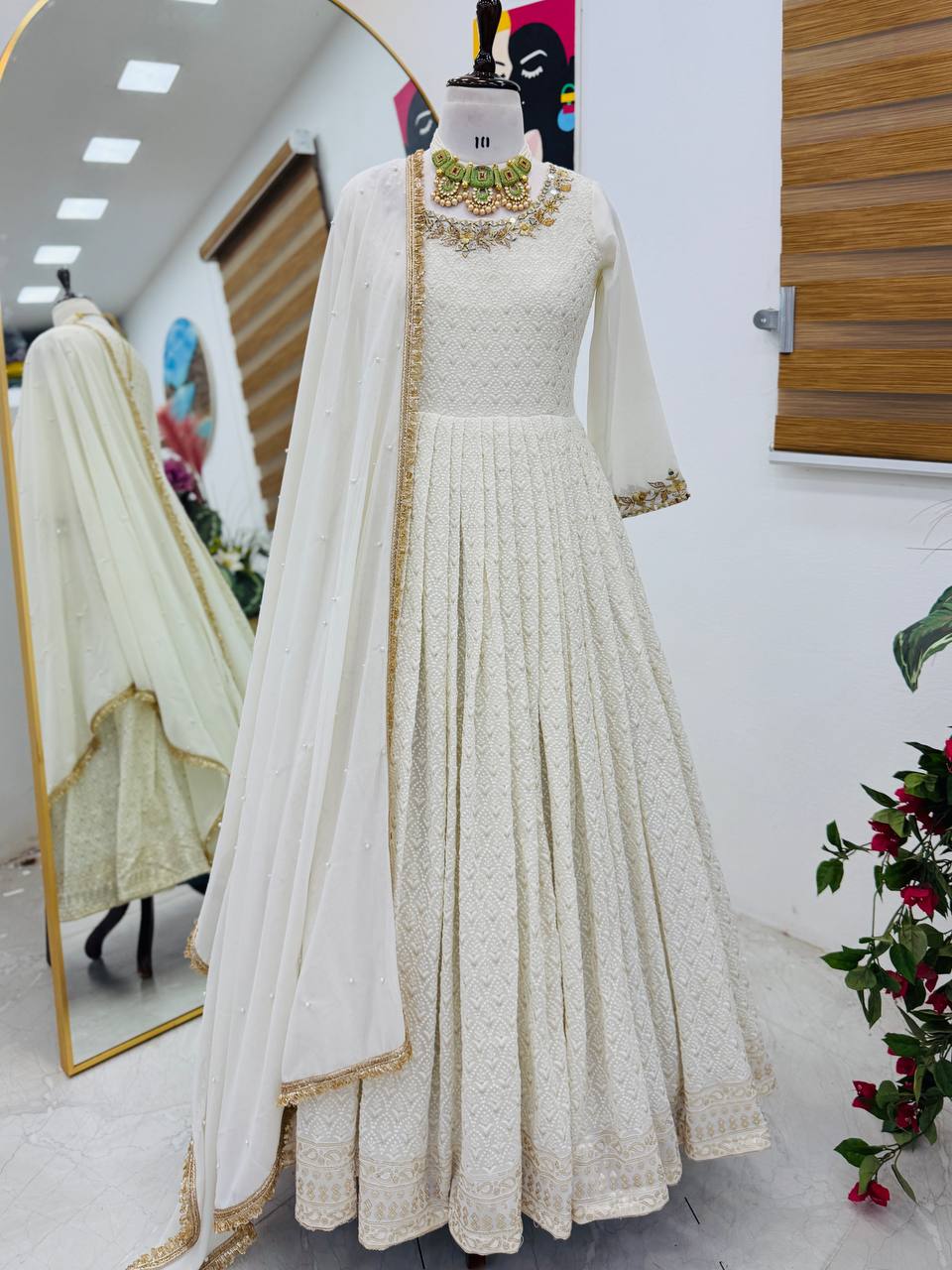 Wonderful Mirror and Embroidery Work White Color Gown
