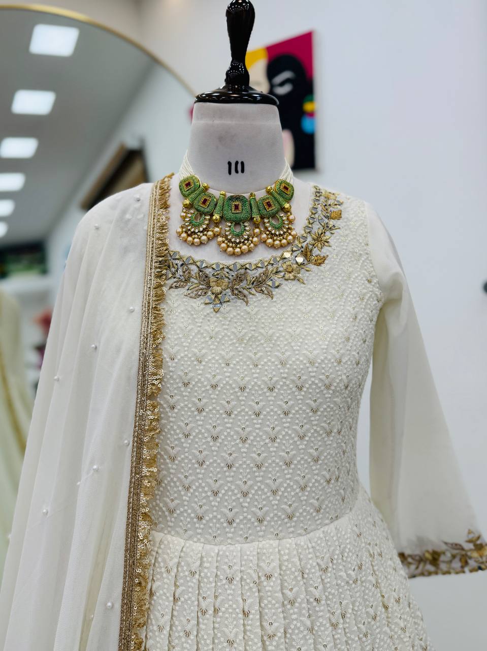Wonderful Mirror and Embroidery Work White Color Gown