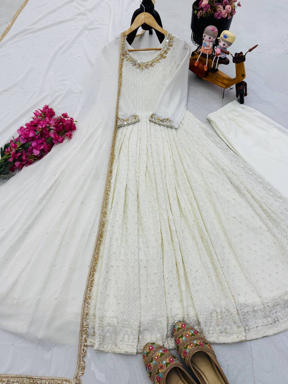 Wonderful Mirror and Embroidery Work White Color Gown