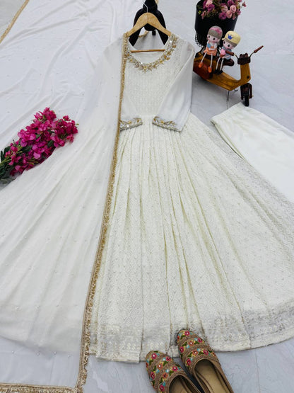 Wonderful Mirror and Embroidery Work White Color Gown