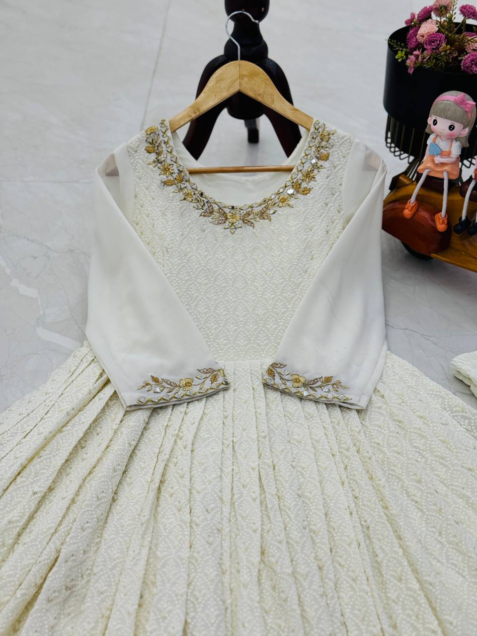 Wonderful Mirror and Embroidery Work White Color Gown