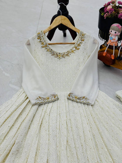 Wonderful Mirror and Embroidery Work White Color Gown