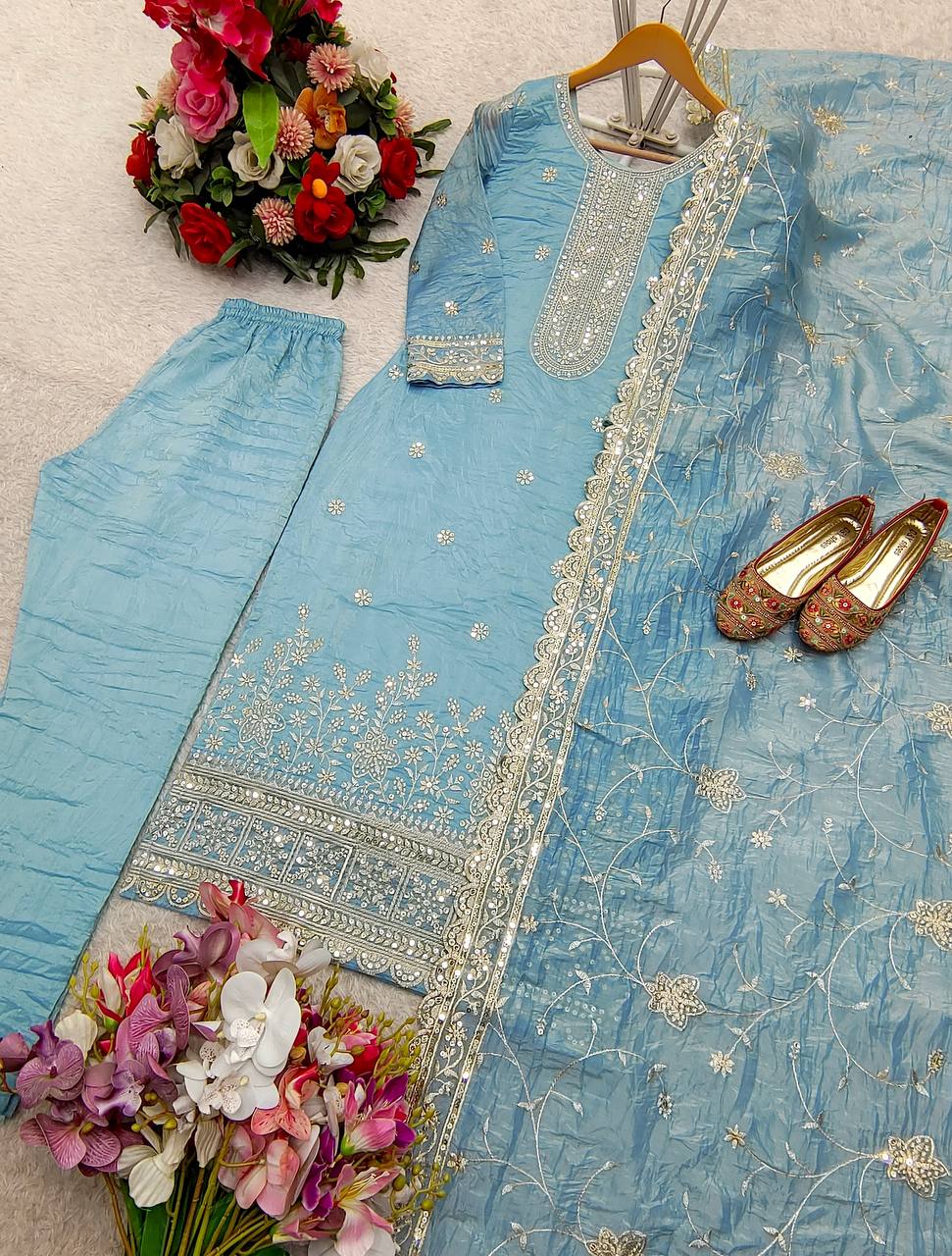 Attractive Sequence Work Sky Color Suit Set