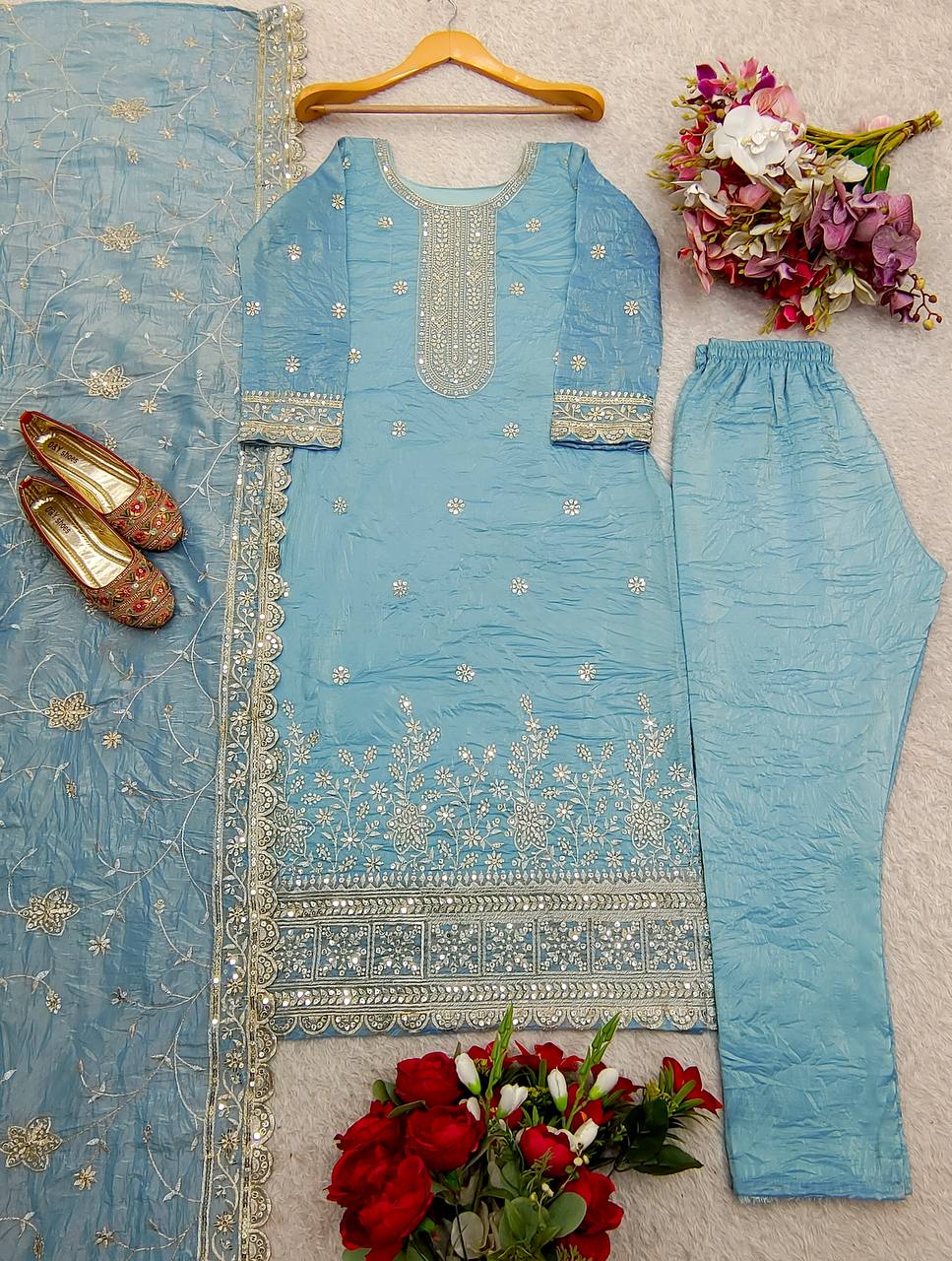 Attractive Sequence Work Sky Color Suit Set