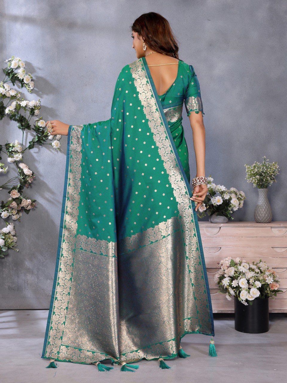 Rama Color Traditional Banarasi Silk Rich Pallu Saree