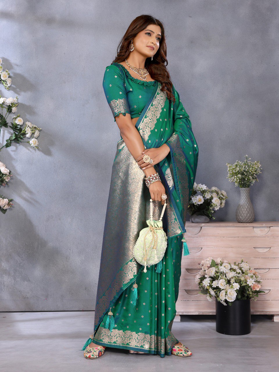 Rama Color Traditional Banarasi Silk Rich Pallu Saree
