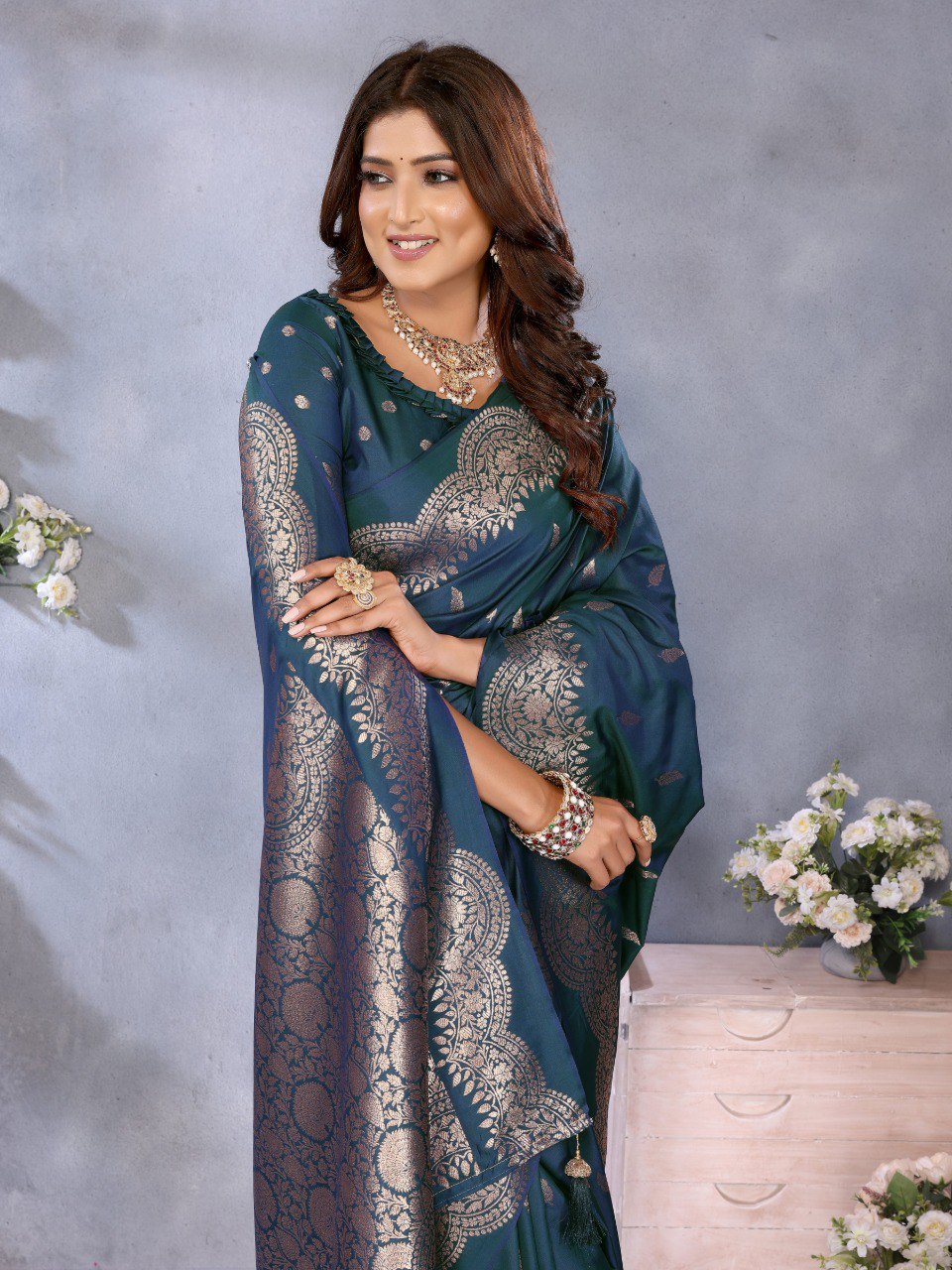 Demanding Teal Blue Color Silk Saree