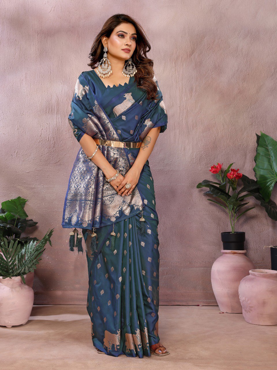 Festive Wear Navy Blue Color Banarasi Silk Saree