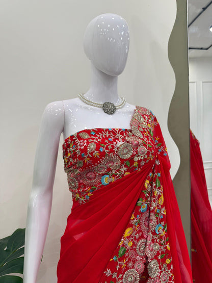 Wedding Wear Sequence Work Red Color Saree
