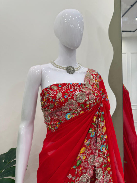 Wedding Wear Sequence Work Red Color Saree