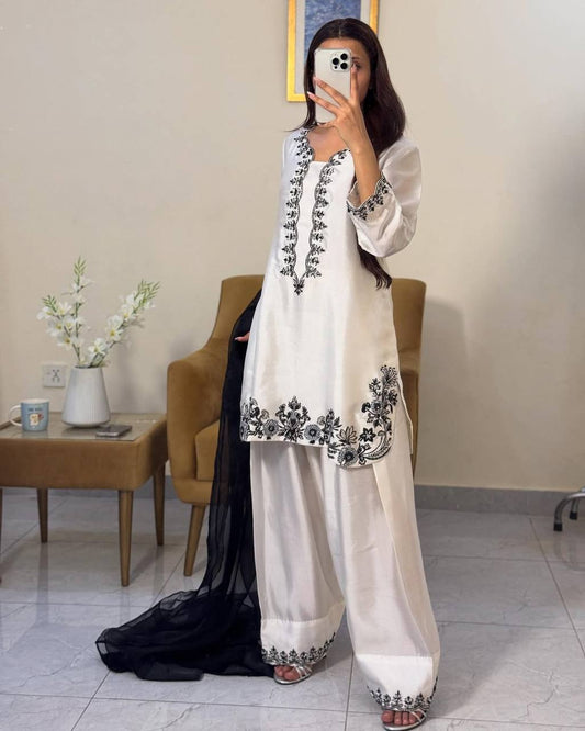 Wonderful Sequence Work White Color Patiala Suit