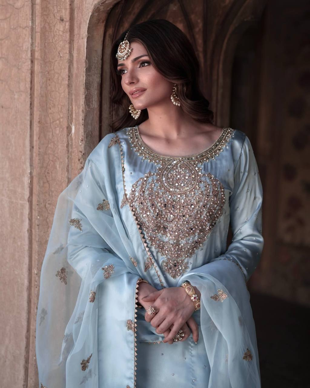 Wonderful Embroidery Work Sky Color Palazzo Suit