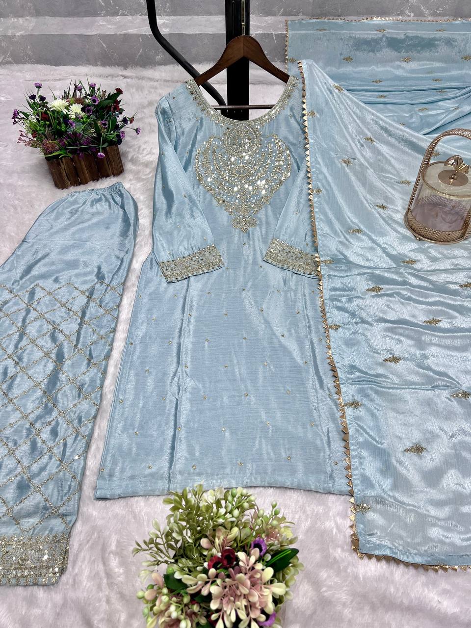 Wonderful Embroidery Work Sky Color Palazzo Suit
