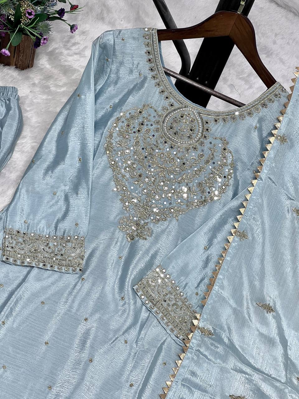 Wonderful Embroidery Work Sky Color Palazzo Suit