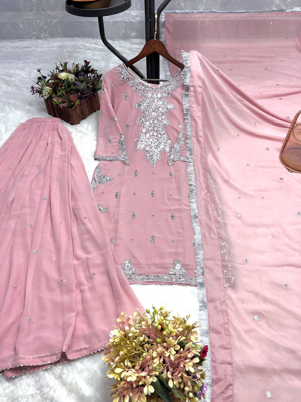 Preferable Georgette Peach Color Palazzo Suit