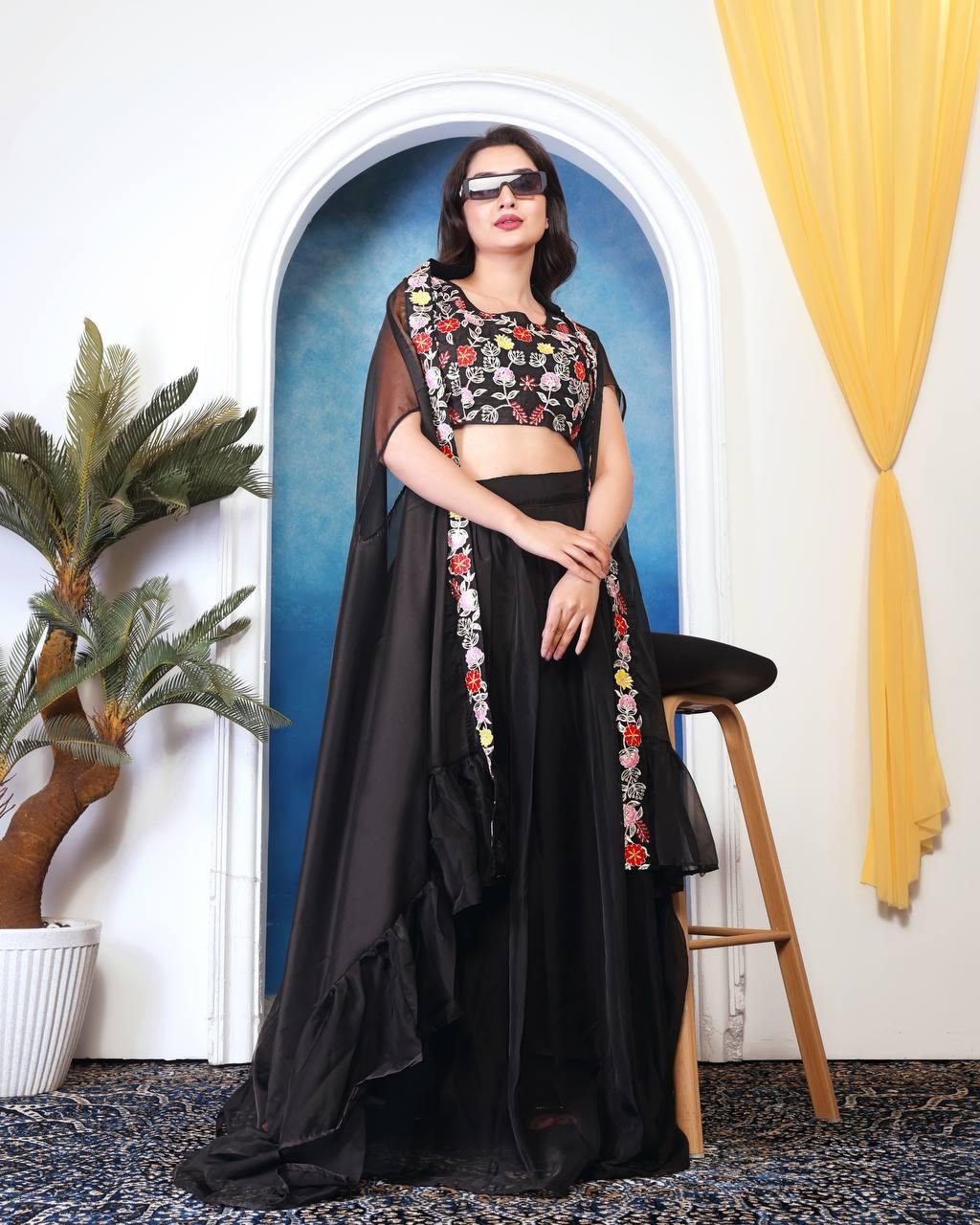 Party Wear Multi Embroidery Work Black Color Lehenga Choli
