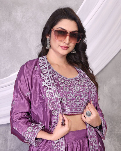 Designer Embroidery Work Lavender Color Lehenga Choli With Koti