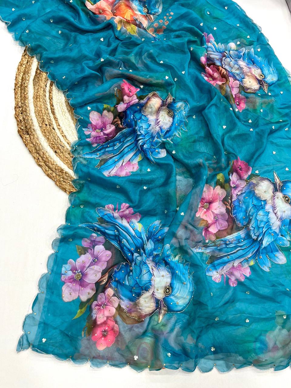 Fantastic Flower Print Sky Blue Color Saree