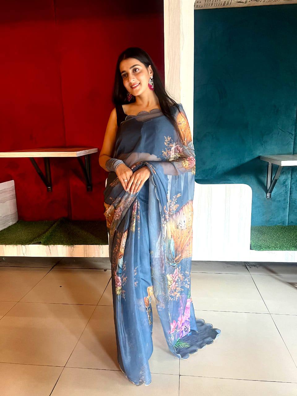Butterfly Print Sky Blue Color Decent Saree