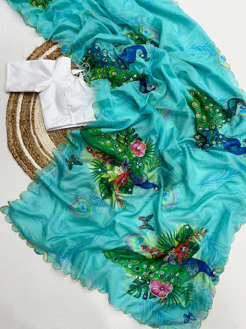 Classic Peacock Print Blue Color Saree