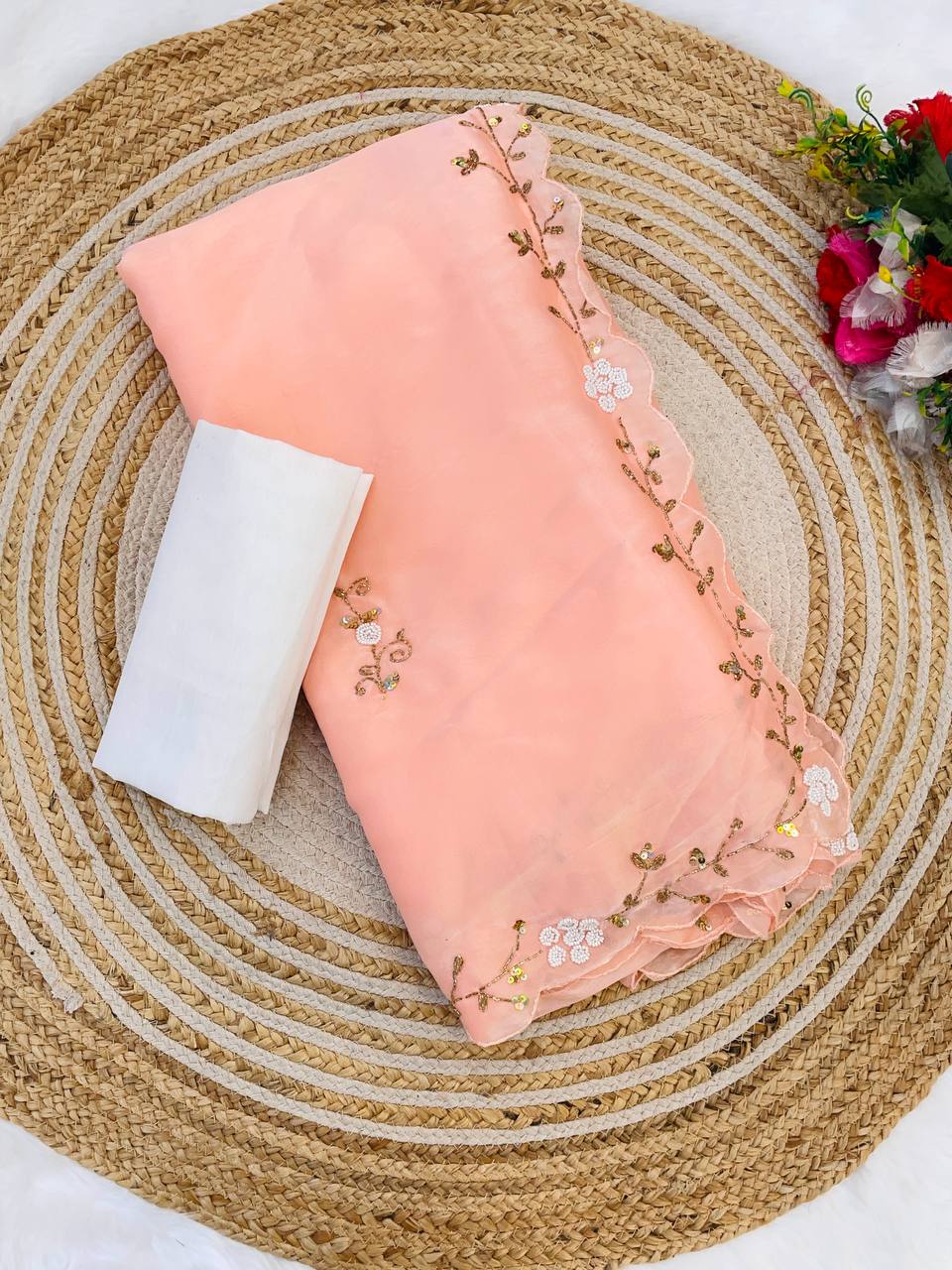 Lovely Border Work Peach Color Saree