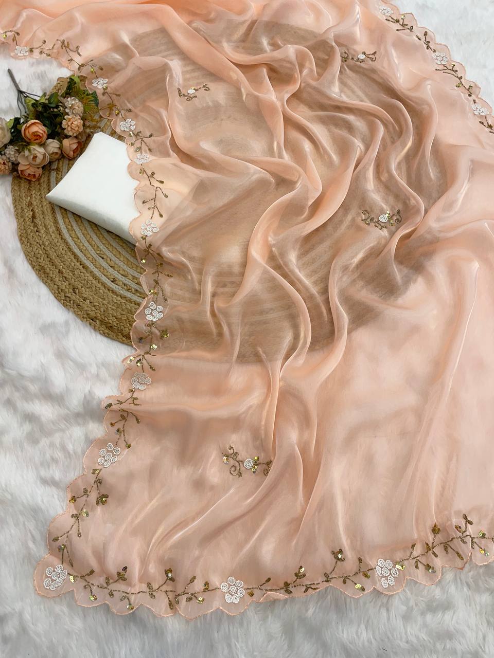 Lovely Border Work Peach Color Saree