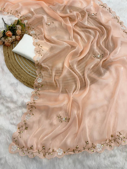 Lovely Border Work Peach Color Saree