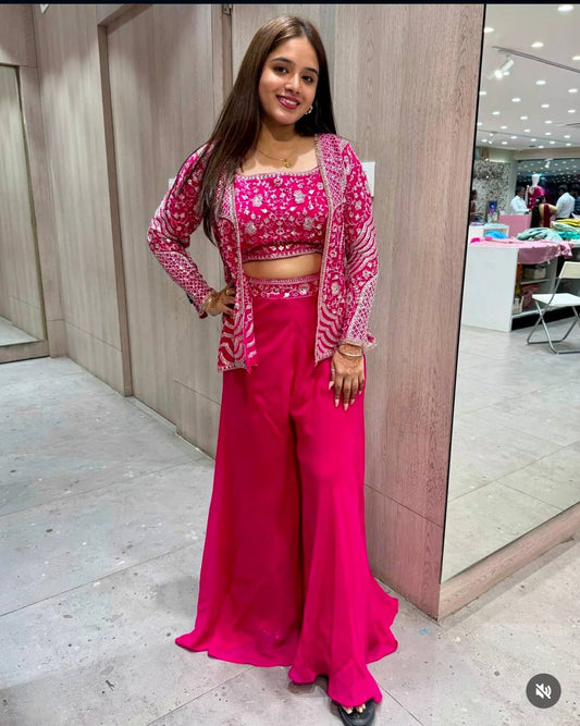 Designer Heavy Work Pink Color Palazzo Suit With Koti