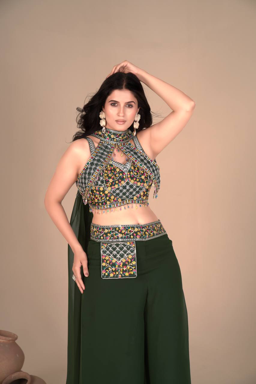 Wonderful Sequins Work Green Color Palazzo Suit