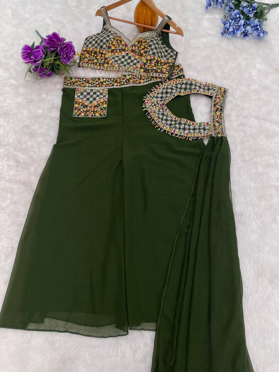 Wonderful Sequins Work Green Color Palazzo Suit