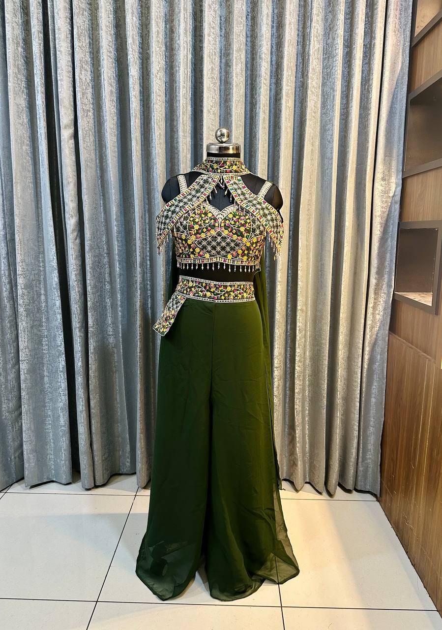 Wonderful Sequins Work Green Color Palazzo Suit
