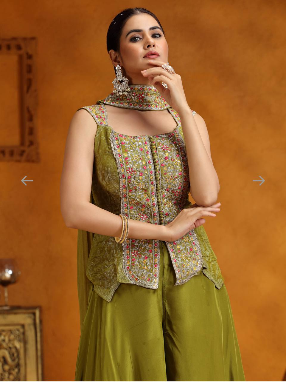 Wedding Wear Embroidery Work Mehndi Color Palazzo Suit
