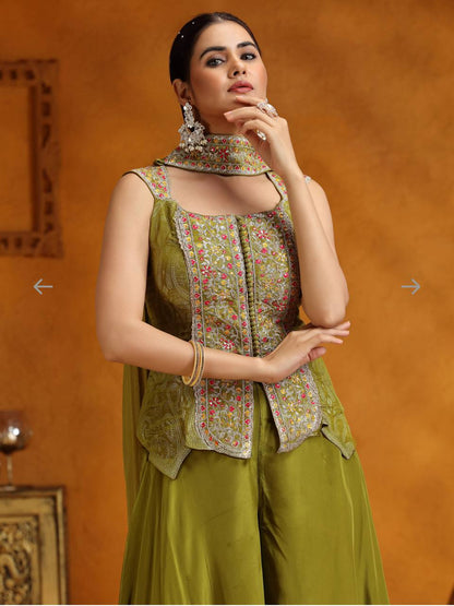 Wedding Wear Embroidery Work Mehndi Color Palazzo Suit