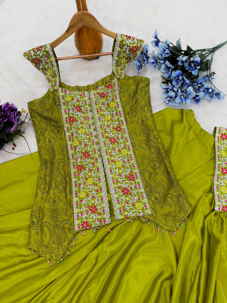 Wedding Wear Embroidery Work Mehndi Color Palazzo Suit