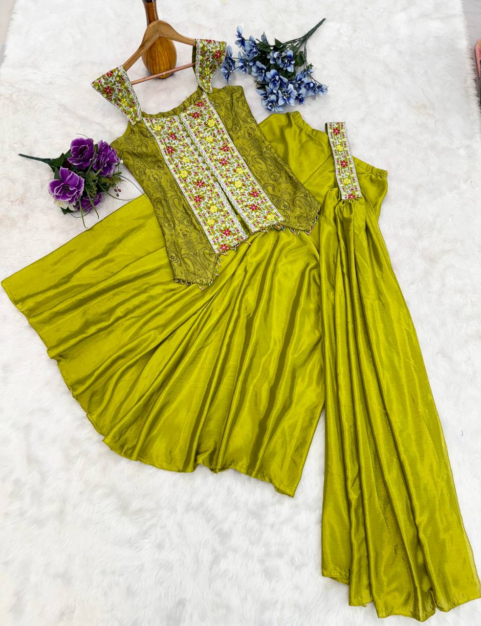 Wedding Wear Embroidery Work Mehndi Color Palazzo Suit