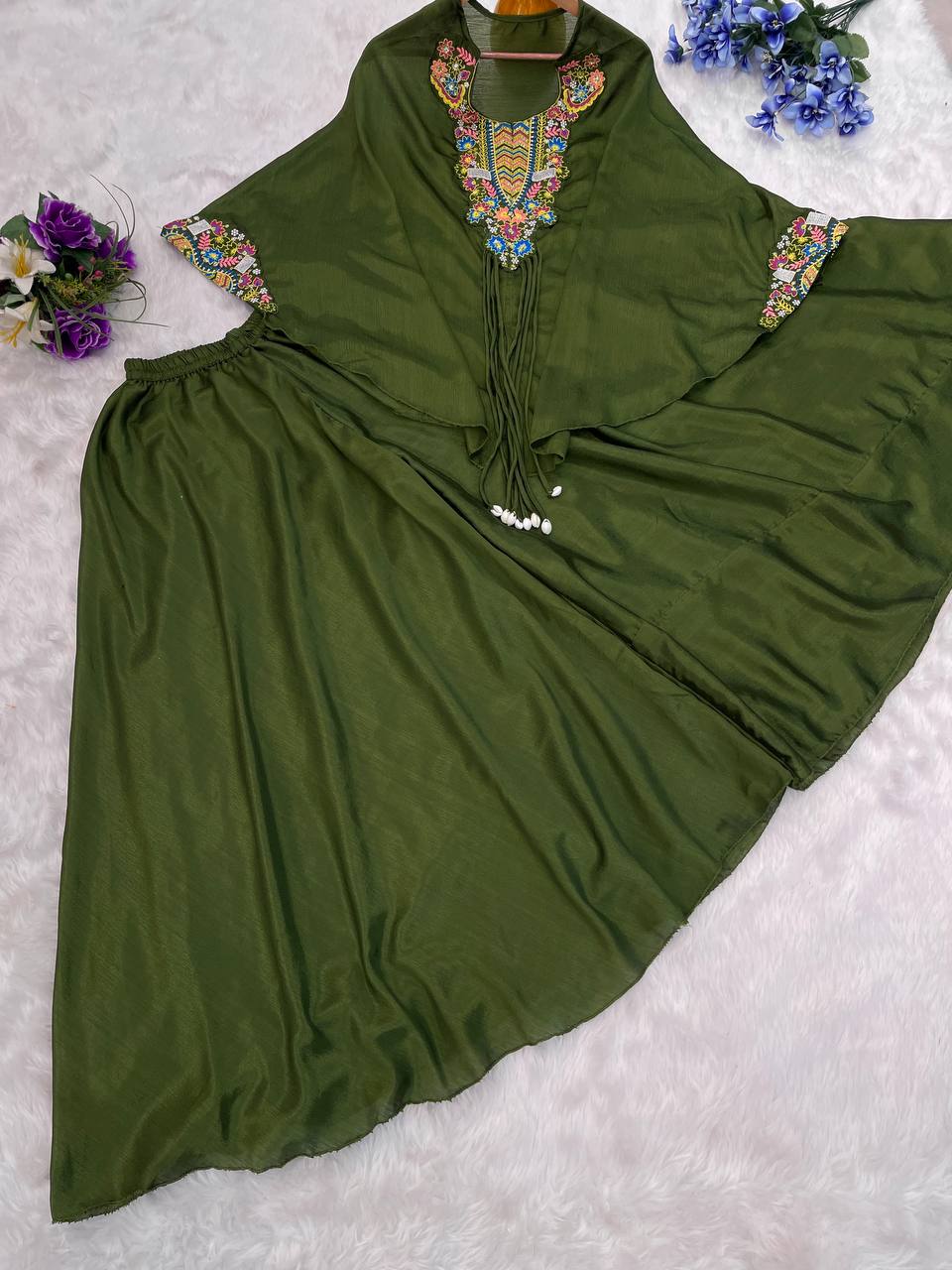 Demanding Embroidery Work Mehndi Color Top With Palazzo Suit