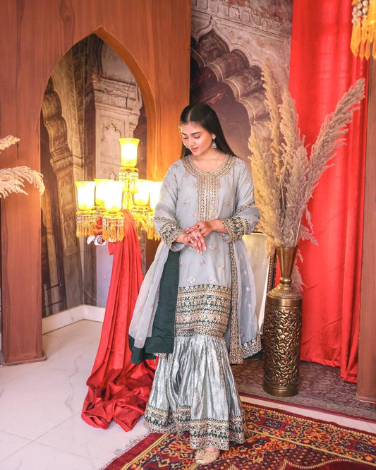 Outstanding Embroidery Work Grey Color Sharara Suit